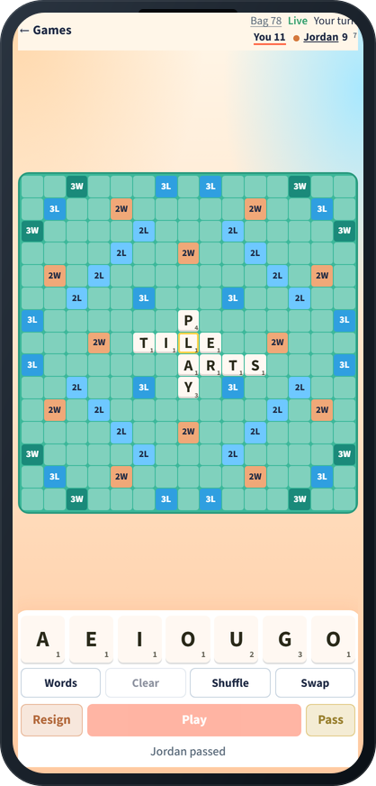 Mid-game Racketile board and rack