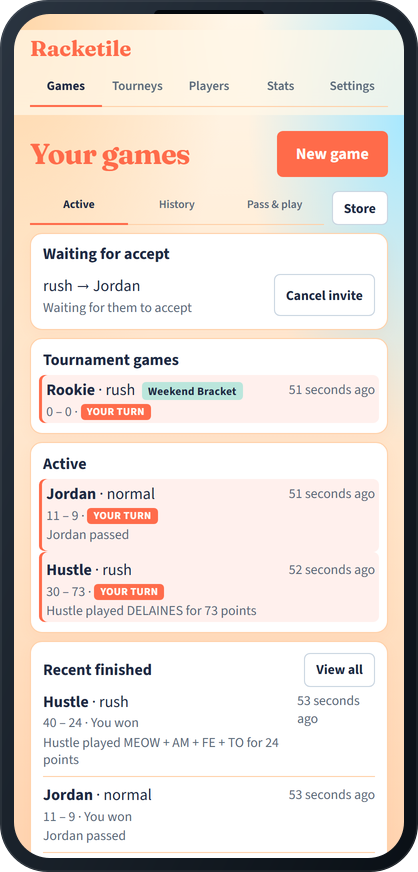 Racketile home with active games