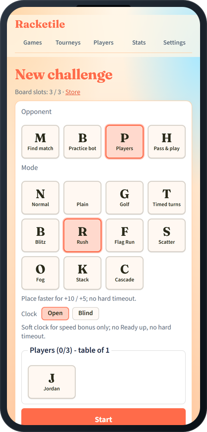 Choosing a Racketile game mode